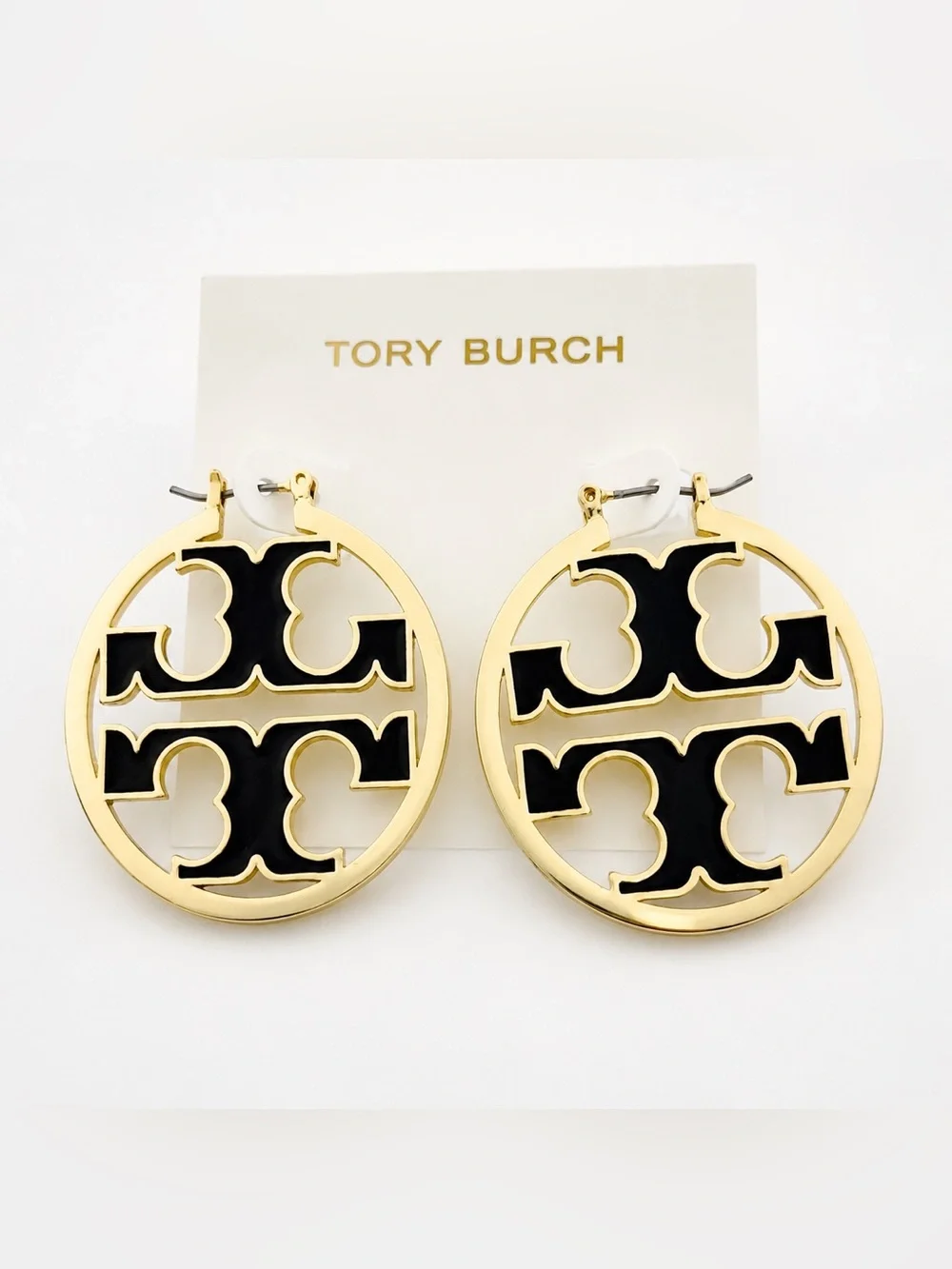 Tory Burch Gold Miller, Black Enamel, Hoop Earrings